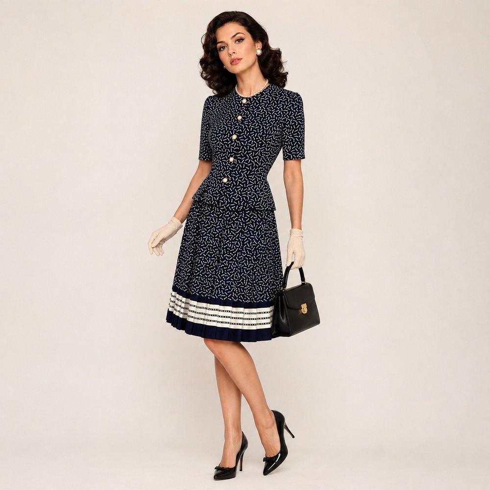 Vintage Evanna Petite Vintage Navy White Geometric Skirt Set 8P